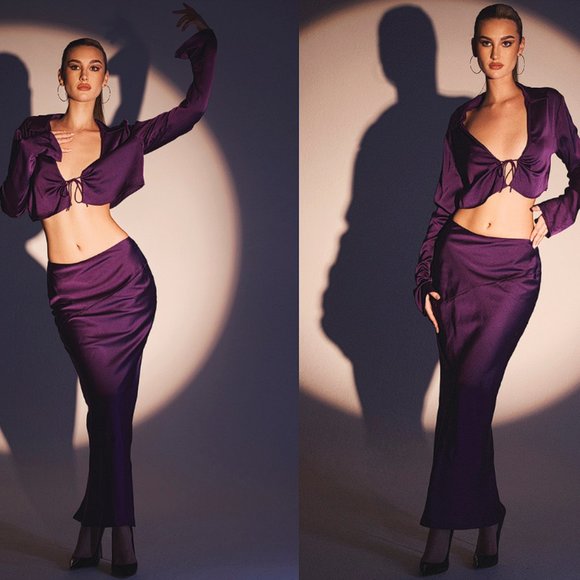 HOUSE OF CB 'Colette' Grape Satin Low Waist Midi Skirt
